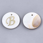 Natural Freshwater Shell Pendants, with Golden Plated Brass Etched Metal Embellishments, Flat Round with Letter, Letter.B, 15x2mm, Hole: 1.2mm(X-SHEL-N027-04B)