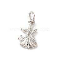 Rack Plating Brass Clear Cubic Zirconia Pendants, with Jump Ring, Long-Lasting Plated, Lead Free & Cadmium Free, Starfish with Sea Shell, Platinum, 16x8x3mm, Hole: 3mm(KK-Z056-27P)