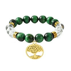 10mm Round Dyed Natural Green Tiger Eye & Acrylic Beaded Stretch Bracelets, Tree of Life Brass Charm Bracelets for Women, Golden, Inner Diameter: 2-1/8 inch(5.3cm)(BJEW-JB10581)