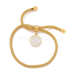 Crystal Rhinestone Flat Round Charm Slider Bracelet with Round Mesh Chain for Women, Golden, Inner Diameter: 3/8~3-1/8 inch(0.9~7.9cm)(BJEW-C013-07G)