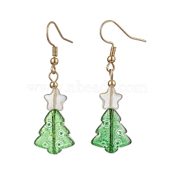 Glass Dangle Earrings for Women, with 304 Stainless Steel Earring Hooks, Christmas Trees, Green, Golden, 47x15mm(EJEW-JE05993)