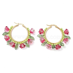 Glass Hoop Earrings, with 304 Stainless Steel Earrings Fingings, Flower, Red, 40x9x47mm(EJEW-TA00589-02)