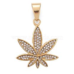 304 Stainless Steel Pendants, with Rhinestone, Pot Leaf/Hemp Leaf Shape, Weed Charms, Golden, 35x30x5mm, Hole: 10x7mm(STAS-H419-46G)
