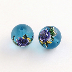 Flower Picture Glass Round Beads, Frosted, Mauve, 14x13mm, Hole: 1.5mm(GFB-R004-14mm-F07)