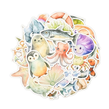 50Pcs Cartoon Sea Animal PVC Waterproof Stickers, Self-adhesive Decals, for DIY Scrapbooking, Photo Album Decoration, Mixed Shapes, Mixed Color, 43~55x52~!72x0.1mm