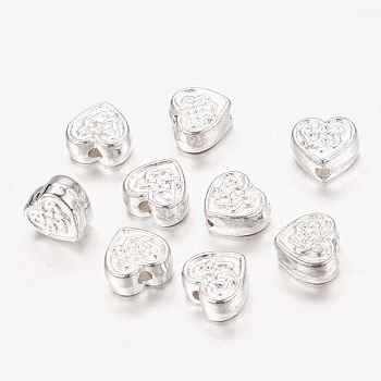 Tibetan Style Alloy Beads, Cadmium Free & Lead Free, Heart with Knot, Silver Color Plated, about 6.5mm long, 7mm wide, 3.5mm thick, hole: 1mm, about 1297pcs/970g