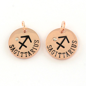 Alloy Pendants, with Rhinestone, Flat Round, with Constellation/Zodiac Sign, Rose Gold, Sagittarius, 22x2.5mm, Hole: 5.5mm