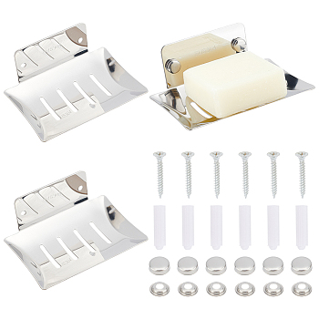 304 Stainless Steel Soap Dishes, Draining Soap Savers for Bar Soap, Wall Mounted Soap Holder, Rectangle, with Screws, Anchor Plugs, Cap, Spacer, Stainless Steel Color, Holder: 89x113x47mm