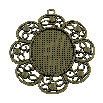 Tibetan Style Alloy Oval Tray Cabochon Settings, Cadmium Free & Lead Free, Flower, Antique Bronze, Tray: 40x30mm,75.5x60.5x2mm, Hole: 4mm, about 60pcs/1000g