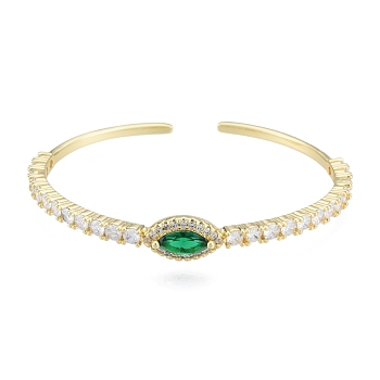 Cubic Zirconia Horse Eye Open Cuff Bangle, Real 18K Gold Plated Brass Jewelry for Women, Green, Inner Diameter: 1-7/8x2-1/4 inch(4.7x5.8cm)