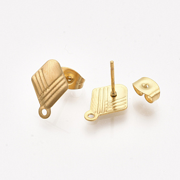 304 Stainless Steel Stud Earring Findings, with Ear Nuts/Earring Backs, Rhombus, Real Gold Plated, 13x9mm, Hole: 1mm, Side Length: 8mm, Pin: 0.7mm