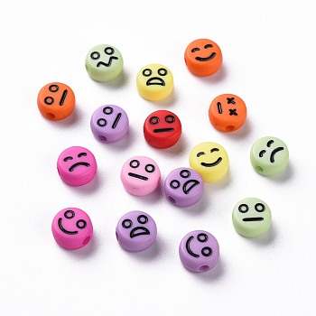Opaque Mixed Color Acrylic Beads, Flat Round with Black Random Expression, 7x4mm, Hole: 1.6mm, about 3650pcs/500g