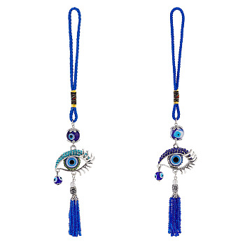 AHADEMAKER 2Pcs 2 Style Evil Eye Car Hanging Alloy Glass Rhinestone Big Pendant Decorations, with Resin Beads, Polyester Cord, Iron Findings, Antique Silver & Platinum, 235~250mm, 1pc/style