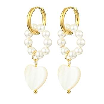 Natural Pearl & Shell Heart Dangle Hoop Earrings, Golden Alloy Drop Earrings, White, 40x12~12.5mm