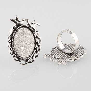 Vintage Adjustable Iron Finger Ring Components Alloy Double Kissing Birds Cabochon Bezel Settings, Cadmium Free & Lead Free, Antique Silver, Oval Tray: 25x18mm, 17mm