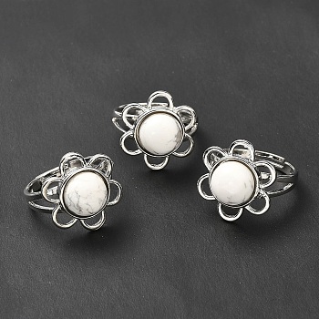 Natural Howlite Adjustable Rings, Platinum Tone Flower Brass Rings for Women, Cadmium Free & Lead Free, US Size 7 3/4(17.9mm), 3~7mm