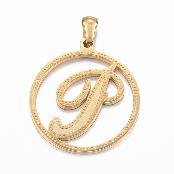 Ion Plating(IP) 304 Stainless Steel Pendants, Flat Round with Letter.J, Golden, 28x25x1.2mm, Hole: 6x3mm