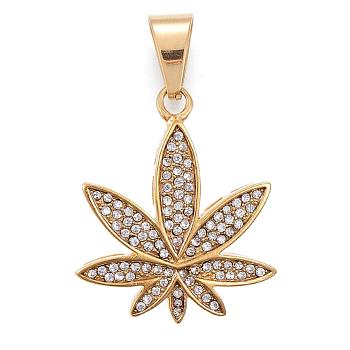 304 Stainless Steel Pendants, with Rhinestone, Pot Leaf/Hemp Leaf Shape, Weed Charms, Golden, 35x30x5mm, Hole: 10x7mm