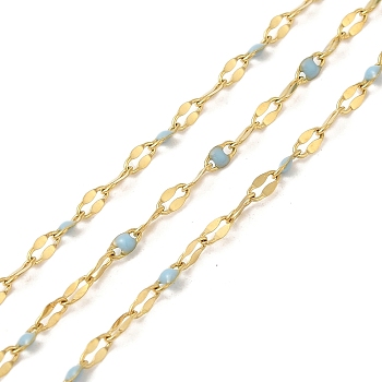 Ion Plating(IP) 304 Stainless Steel Dapped Chains, Enamel Style, Real 18K Gold Plated, Soldered, with Spool, Polished, Light Sky Blue, 4x2x0.3mm, about 32.81 Feet(10m)/Roll