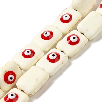 Synthetic Turquoise Enamel Beads Strands, Rectangle with Red Evil Eye, Floral White, 14x10x6mm, Hole: 1.6mm, about 28pcs/strand, 15.16''(38.5cm)