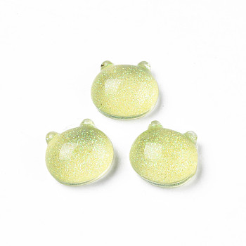 Translucent Acrylic Cabochons, with Glitter Powder, Cat, Green Yellow, 14.5x15.5x8mm
