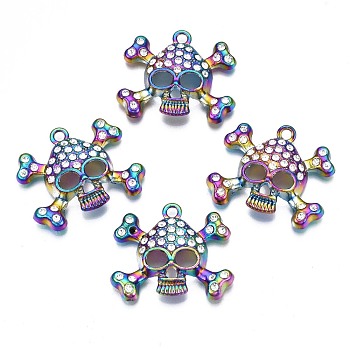 Rack Plating Rainbow Color Alloy Pendants, with Crystal Rhinestone, Cadmium Free & Nickel Free & Lead Free, Skull, 29x35x7.5mm, Hole: 2.5mm
