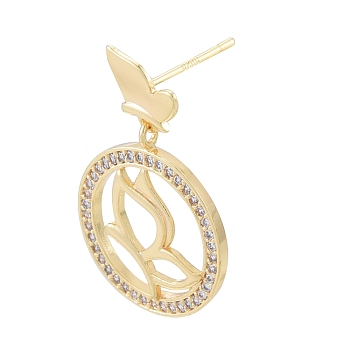 Clear Cubic Zirconia Butterfly Dangle Stud Earrings, Brass Jewelry for Women, Real 18K Gold Plated, 24mm, Pin: 0.75mm
