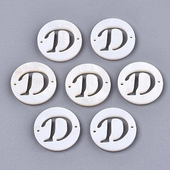 Natural Freshwater Shell Links Connectors, Flat Round with Letter, Letter.D, 14.5x1.5mm, Hole: 0.9mm