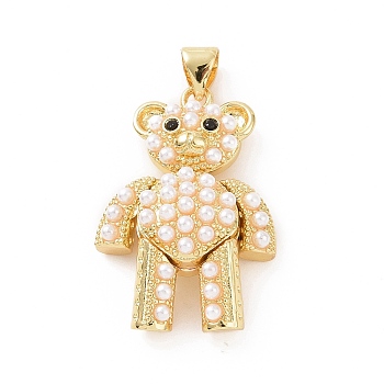 Brass Micro Pave Cubic Zirconia Pendants, with ABS Imitation Pearl, Mechanical Charm, Bear Charm, Golden, 28.5x18x8mm, Hole: 3.5x4.5mm