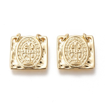 Brass Charms, with Jump Rings, Long-Lasting Plated, Square with Saint Benedict Medal/Saint Benedict, Real 18K Gold Plated, 15x15x2mm, Hole: 2.2mm