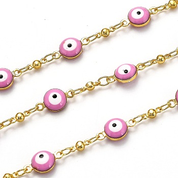 Brass Bar Link Chains, with Enamel, Spool, Long-Lasting Plated, Soldered, Evil Eye, Golden, Pink, Link: 6.5x2.5mm and 12x6.7x4mm
