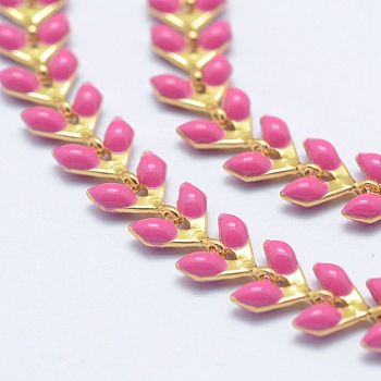 Brass Handmade Chains, Unwelded, with Enameled Cobs, Long-Lasting Plated, Leaf, Real 18K Gold Plated, Deep Pink, 6.5x6x0.5mm