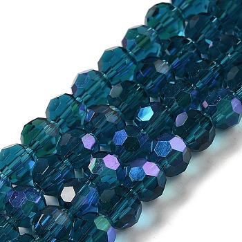 Electroplate Transparent Glass Beads Strands, Faceted, Round, Rainbow Plated, Dark Turquoise, 6mm, Hole: 1mm, about 98~100pcs/strand, 20.39~20.59 inch(51.8~52.3cm)