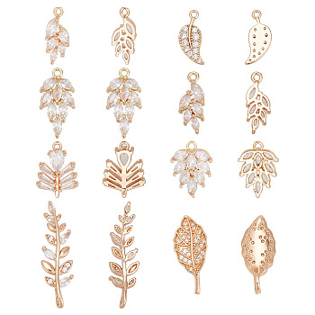 16Pcs 8 Styles Brass Micro Pave Cubic Zirconia Pendants, Leaf with Teardrop, Long-Lasting Plated, Leaf, 15.5~28x6.5~11.5x1.5~5mm, Hole: 1~4mm