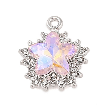 Rack Plating Alloy with Rhinestone Pendants, Star, Platinum, Misty Rose, 20x17x6mm, Hole: 2mm