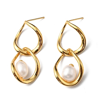 Natural Pearl Beaded Twist Teardrop Dangle Stud Earrings, Brass Jewelry, Cadmium Free & Lead Free, Real 18K Gold Plated, 38x18mm