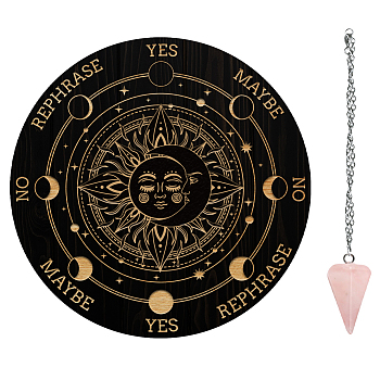 AHADEMAKER 1Pc Wood Pendulum Board, 1Pc 304 Stainless Steel Cable Chain Necklaces, 1Pc Natural Rose Quartz Stone Pendants, for Witchcraft Wiccan Altar Supplies, Moon, Board: 200x4mm