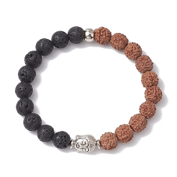 Round Natural Lava Rock & Natural Rudraksha Beaded Stretch Bracelets, Buddha Head Bracelets for Women Men, Inner Diameter: 2-3/8 inch(6cm)