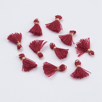 Nylon Tassels Pendant Decorations, Mini Tassel, with Golden Tone Iron Findings, Red, 10.5~14.5x2.5~3mm, Hole: 2mm