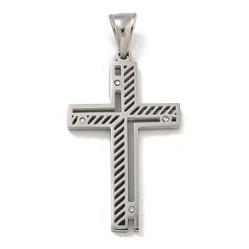 304 Stainless Steel Pendants, with Crystal Rhinestones, Cross Charm, Stainless Steel Color, 42x26x3mm, Hole: 7x4.5mm