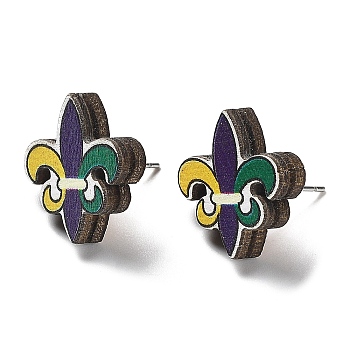 Printing Wood Stud Earrings for Women, with 316 Stainless Steel Pins, Fleur De Lis, Colorful, 17x16mm