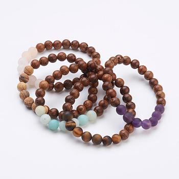 Wood Beaded Stretch Bracelets, with Gemstone Beads and Burlap Packing Pouches Drawstring Bags, 2 inch(52mm), 5strands/set