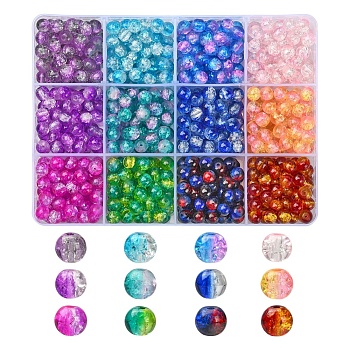 840Pcs 12 Colors Spray Painted Crackle Glass Beads, Round, Two Tone, Mixed Color, 6mm, Hole: 1.3~1.6mm, 70pcs/colors