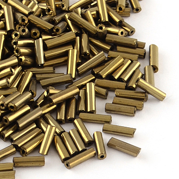 Plated Glass Bugle Beads, Metallic Colours,Copper Plated, 6x2mm, Hole: 1mm, about 450g/bag, about 10000pcs/bag