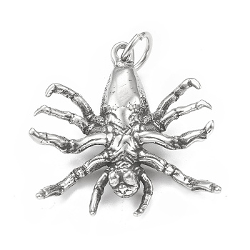 304 Stainless Steel Pendants, with Jump Ring, Spider Charm, Antique Silver, 38x35.5x9mm, Hole: 7.2mm