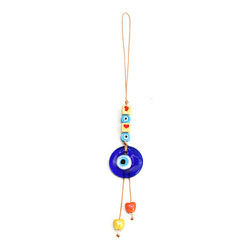Flat Round with Evil Eye Glass Pendant Decorations, Polyester Braided Hanging Ornament, Royal Blue, 210mm