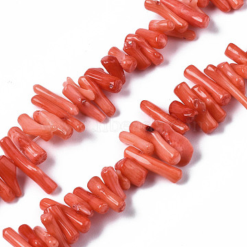Sea Bamboo Coral(Imitation Coral) Beads Strands, Dyed, Nuggets, Coral, 4~23x2~10x2~5mm, Hole: 0.5mm, about 109~137pcs/strand, 15.35~16.93 inch(39~43cm)(CORA-S023-45J)