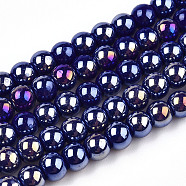 Electroplate Opaque Glass Beads Strands, AB Color Plated, Round, Dark Blue, 4~4.5mm, Hole: 0.8mm, about 97~99pcs/strand, 14.76 inch~14.96 inch(37.5~38cm)(GLAA-T032-P4mm-AB03)