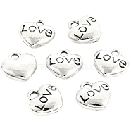 Valentine's Day Theme, Tibetan Style Alloy Charms, Heart with Word Love, Antique Silver, 8x8x3mm, Hole: 1mm(VALE-PW0001-003AS)