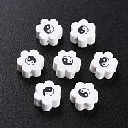 Handmade Polymer Clay Beads, for DIY Jewelry Crafts Supplies, Flower with Yinyang, White, 8~9x7.5~8.5x4~4.5mm, Hole: 1.6~1.8mm(CLAY-N008-027A)